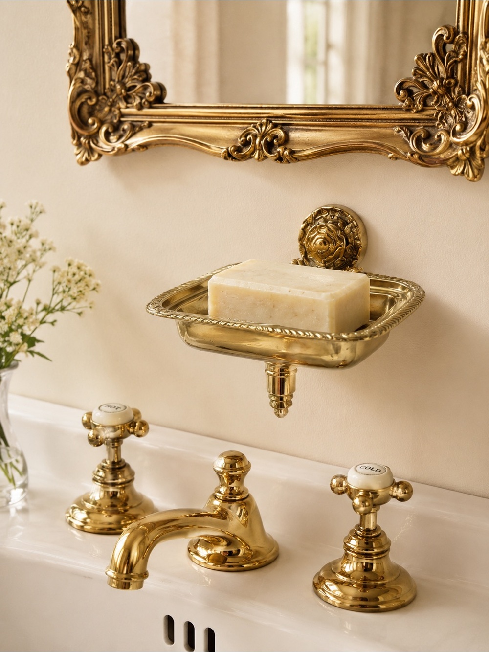 Brass Rose Design Wall-Mounted Soap Dish - Gold Victorian Cottage Unique